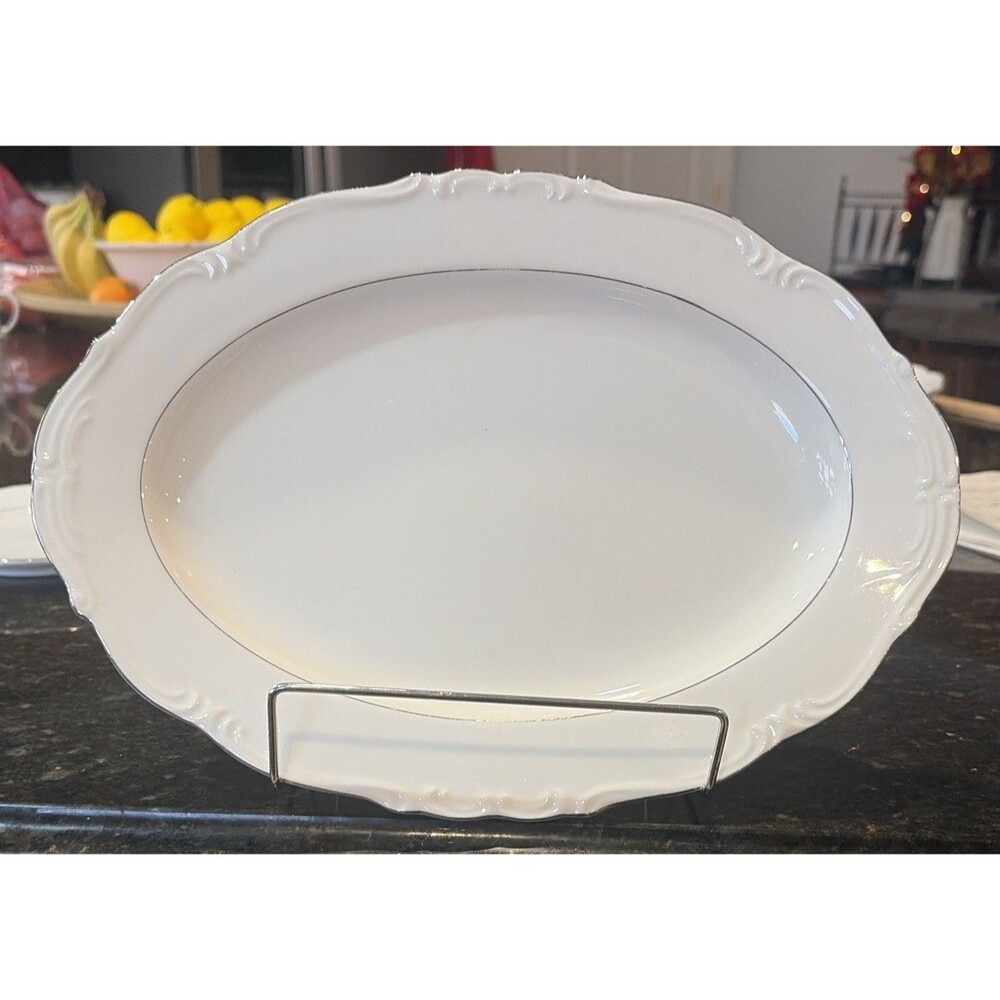 Harmony House NORA 12-1/4" Oval Platter, Platinum Trim, Embossed Edge, Beautiful